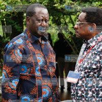Azimio la Umoja One Kenya Alliance party leader Raila Odinga confers with Siaya Governor James Orengo