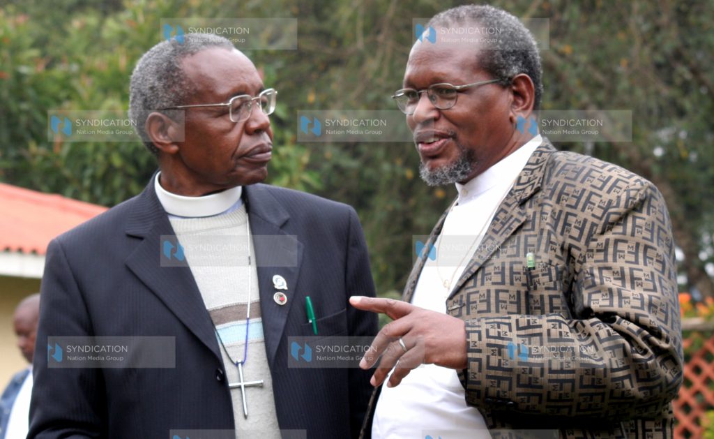 Rev Dr Timothy Njoya chat with Coast region NCCK chairman Bishop Pius Kagwi