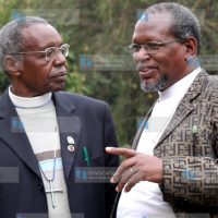 Rev Dr Timothy Njoya chat with Coast region NCCK chairman Bishop Pius Kagwi