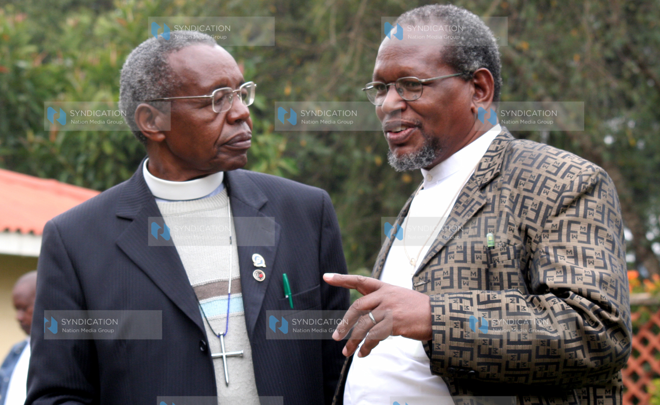 Rev Dr Timothy Njoya chat with Coast region NCCK chairman Bishop Pius Kagwi