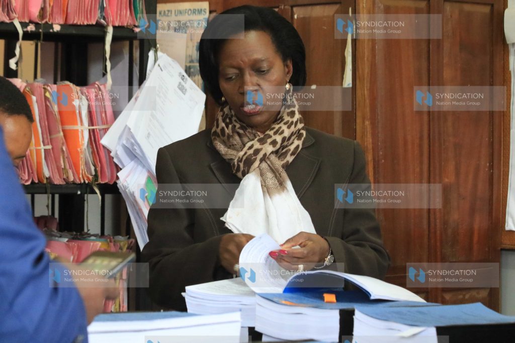 Narc Kenya leader Martha Karua checks her records at Nyeri Court of Appeal registry