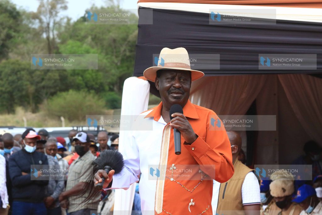 ODM leader Raila Odinga addresses a meeting at Kabiruini Showground
