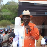 ODM leader Raila Odinga addresses a meeting at Kabiruini Showground