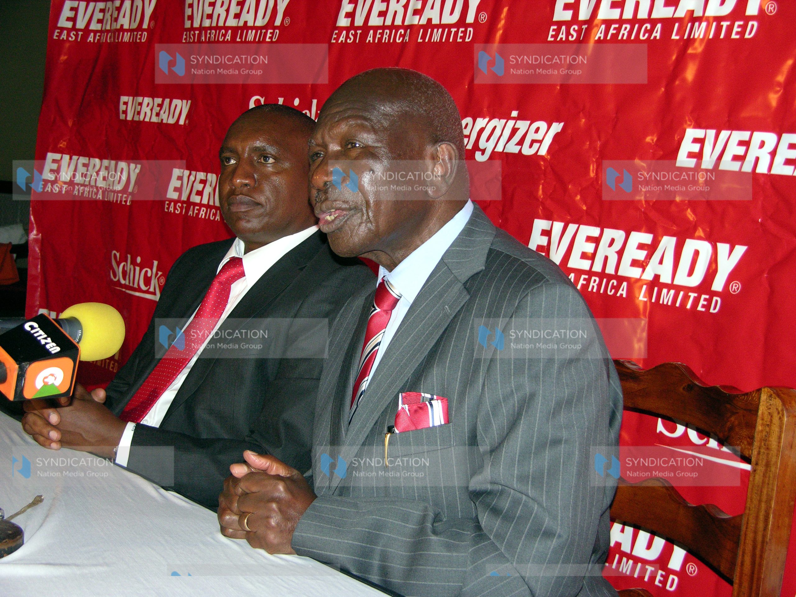 Eveready East Africa Ltd outgoing chairman Moody Awori and the company’s MD Jackson Mutua