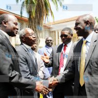 Deputy President William Ruto and the National Council of Churches of Kenya General Secretary Rev. Canon Peter Karanja greet Rev. Timothy Njoya