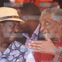 CORD leader Raila Odinga chats with former Cabinet Minister William Ole Ntimama