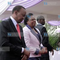 President Uhuru Kenyatta and Margaret Saitoti, the widow of former Internal Security Minister Prof. George Saitoti