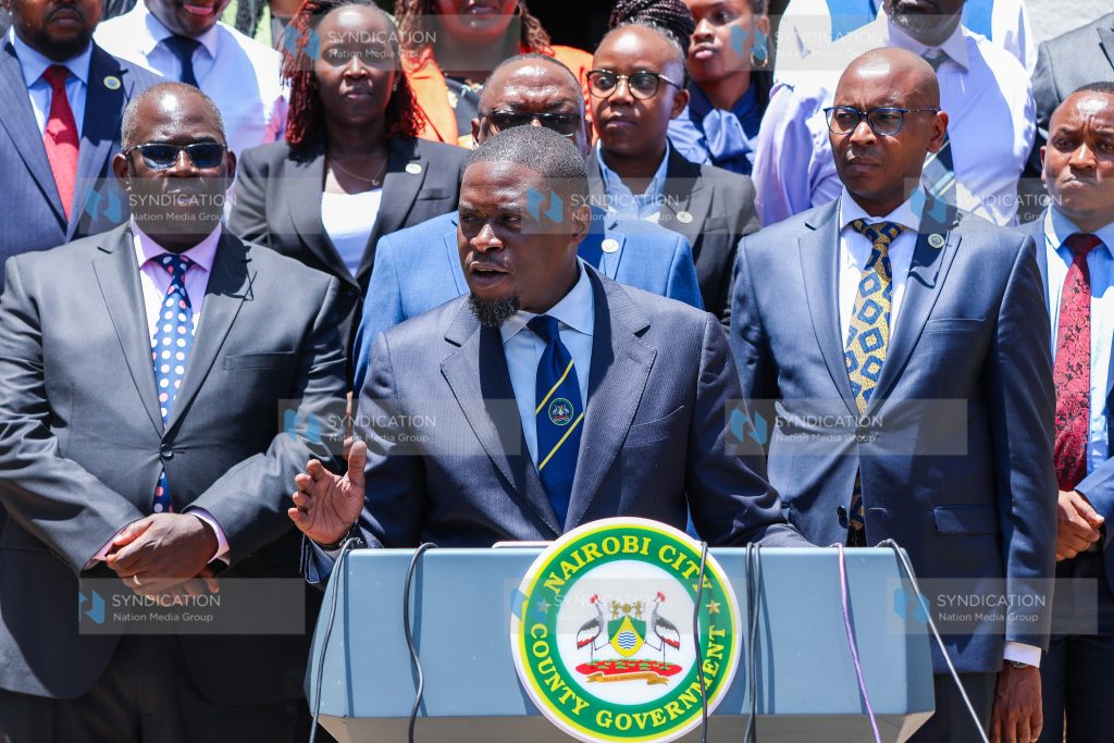 Nairobi Governor Johnson Sakaja addresses journalists outside City Hall