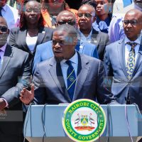 Nairobi Governor Johnson Sakaja addresses journalists outside City Hall