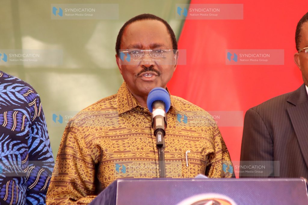 Kalonzo Musyoka addressing journalists during a press conference