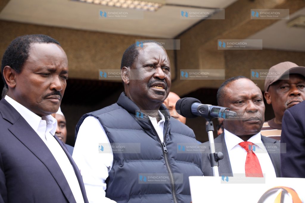 Raila Odinga addressing the media at KICC