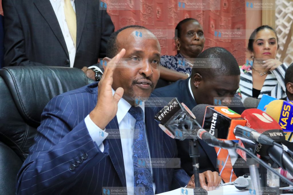 Majority leader Aden Duale flanked by other Jubilee Party leaders address the media