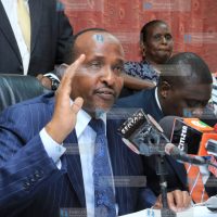 Majority leader Aden Duale flanked by other Jubilee Party leaders address the media