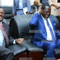 ODM leader Raila Odinga [right] and Wiper leader Kalonzo Musyoka [left]