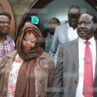 Ms. Miriam Juma, wife of the late Jacob Juma, is accompanied by CORD leader Raila Odinga
