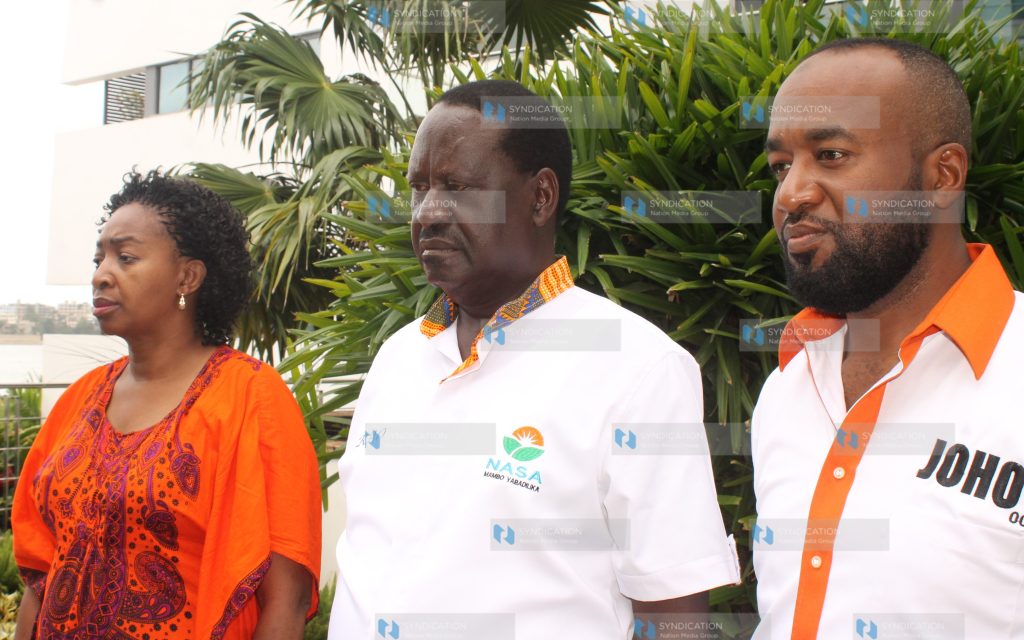 NASA presidential flag bearer Raila Odinga is flanked by ODM Secretary General Dr. Agnes Zani