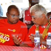 Amason Kingi shares a word with the president Malindi rotary club Mr. Feswal Osman