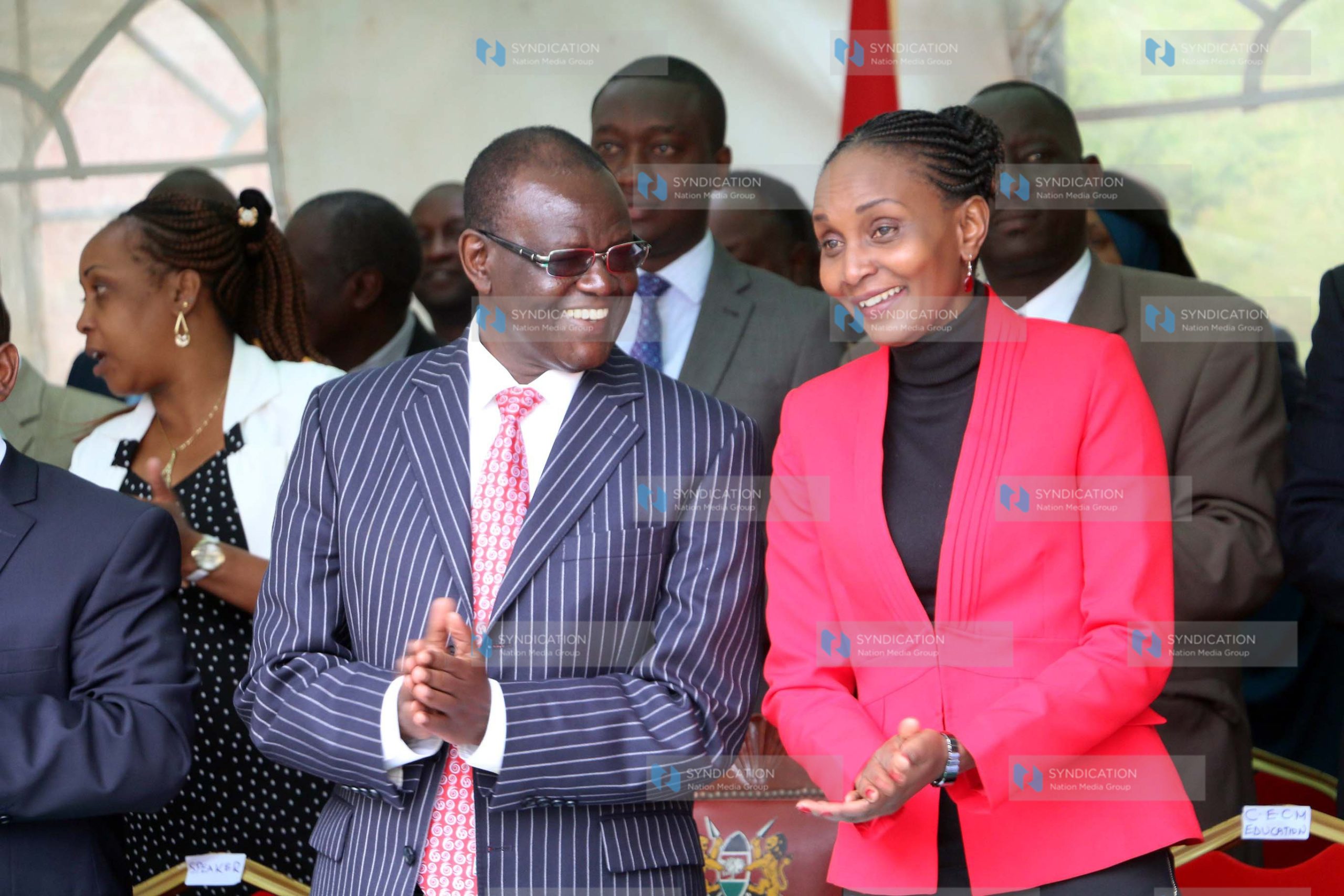 Meru governor Kiraitu Murungi with Education CEC Linner Nkirote (right