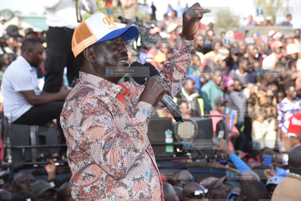 Raila Odinga addresses supporters during a rally in Kitale Town