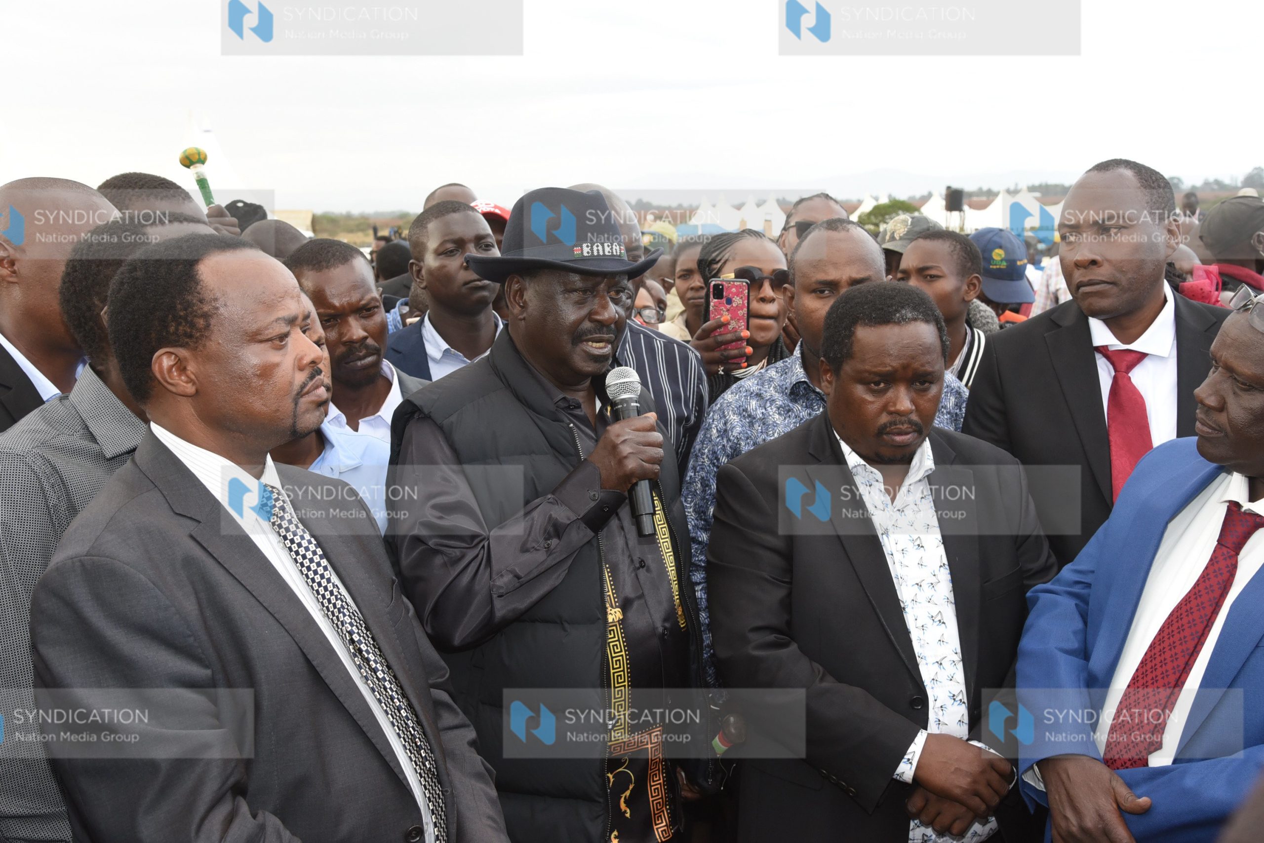 ODM Party Leader Raila Odinga (centre), accompanied by Elgeyo Marakwet Governor Alex Tolgos