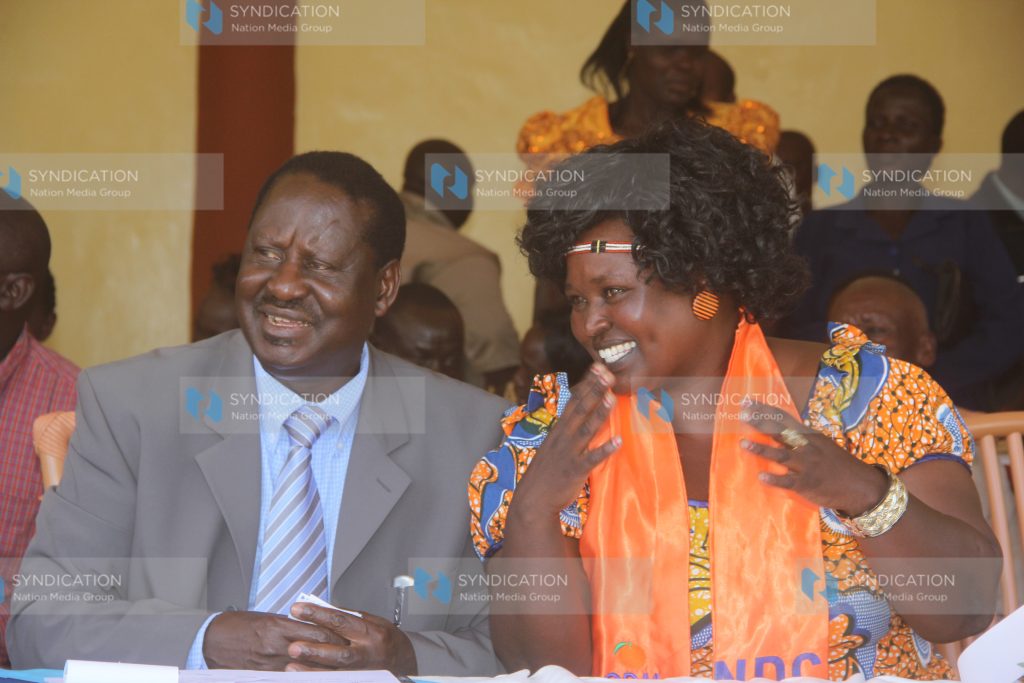 CORD leader Raila Odinga, alongside ODM Uasin Gishu County chairlady Magdalen Sirtui