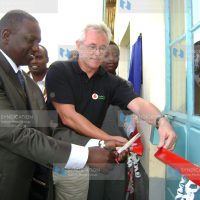 Agriculture Minister William Ruto accompanied by Safaricom Chairman Les Baillie