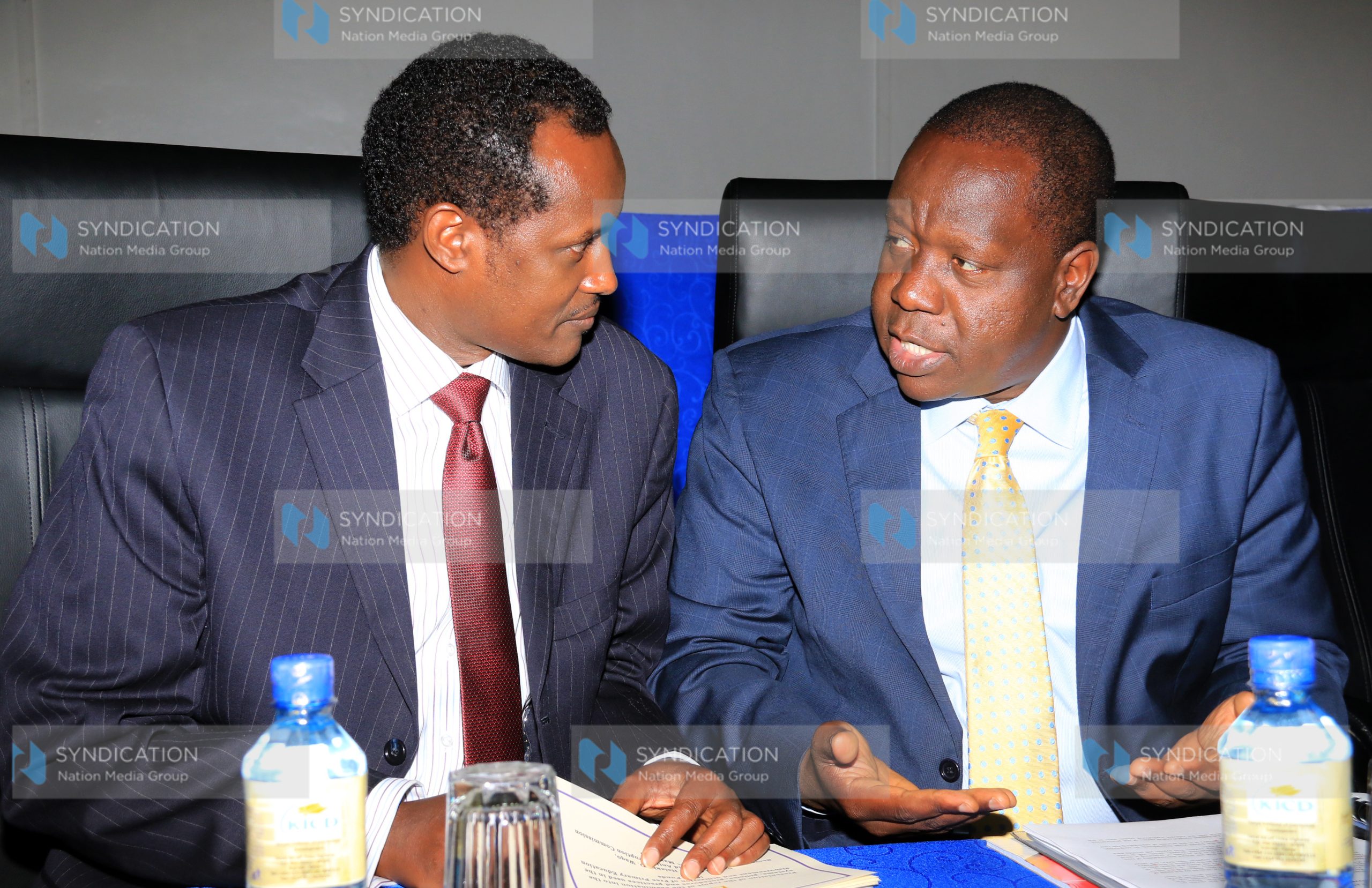 CS ministry of education Dr Fred Matiang’i, word with EACC CEO Halakhe waqo