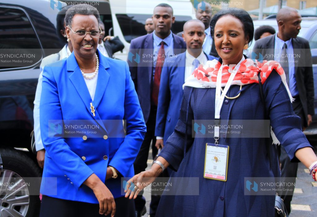Ugandan First lady and Minister of Education and Sports Janet Museveni with Education CS Amina Mohammed