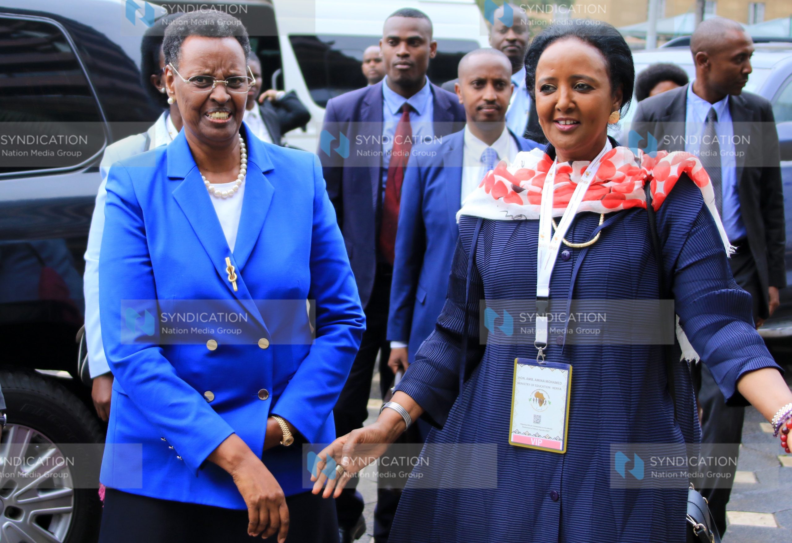 Ugandan First lady and Minister of Education and Sports Janet Museveni with Education CS Amina Mohammed