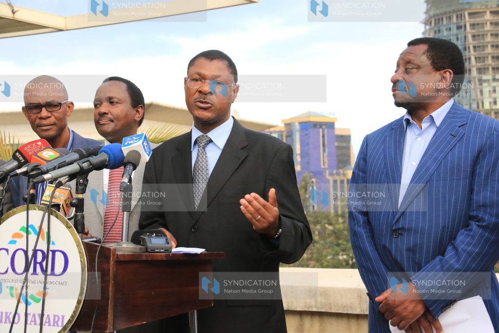 CORD leaders Eseli Simiyu, Kalonzo Musyoka, Moses Wetangula, and James Orengo