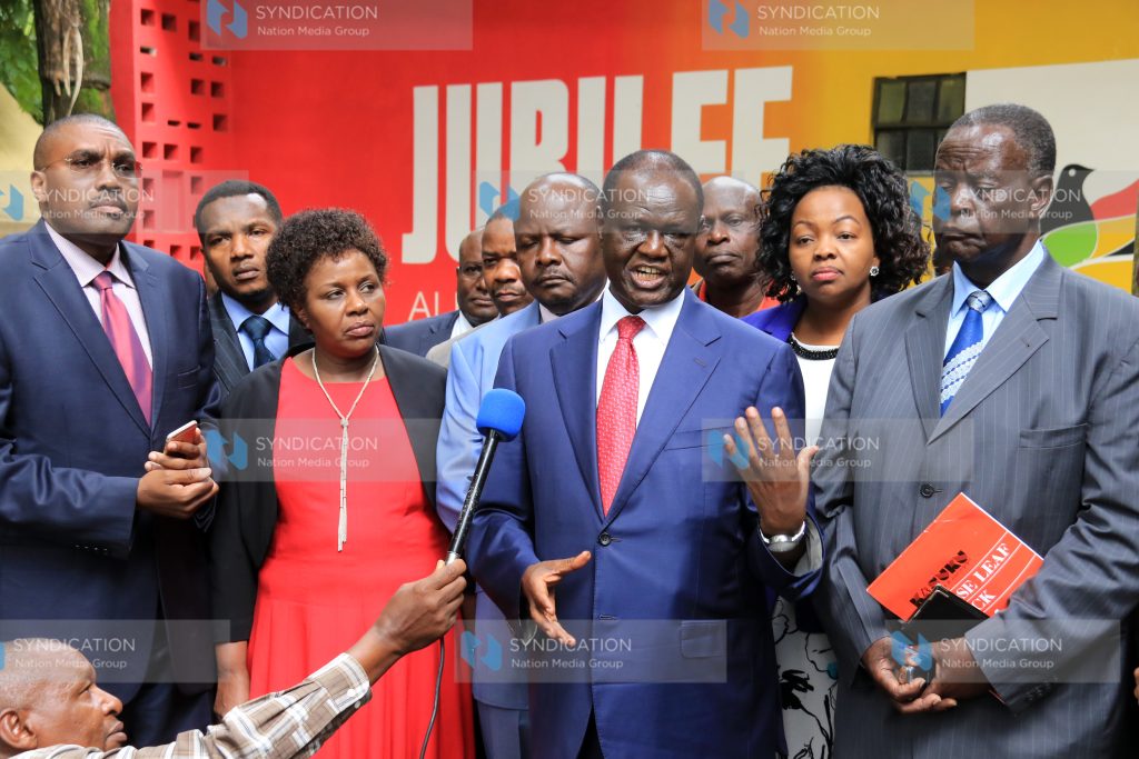 Jubilee Party steering committee co-chair Kiraitu Murungi and Noah Wekesa