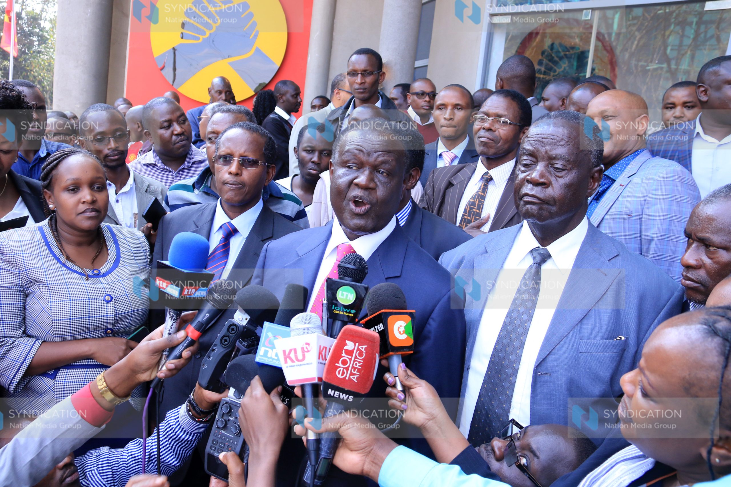 Jubilee Party steering committee co-chairmen Kiraitu Murungi and Noah Wekesa with other elected leaders from the Jubilee coalition