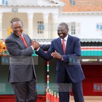 Jubilant President Uhuru Kenyatta, and his Deputy William Ruto
