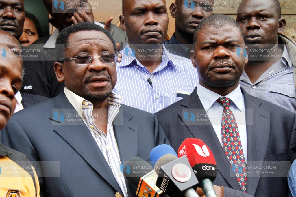 Senator James Orengo (left) with Tom Kajwang, brother to the late Homa Bay Senator Otieno Kajwang'
