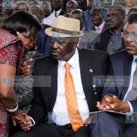 NARC–Kenya leader Martha Karua speaks with former Prime Minister Raila Odinga and CORD principal Moses Wetangula