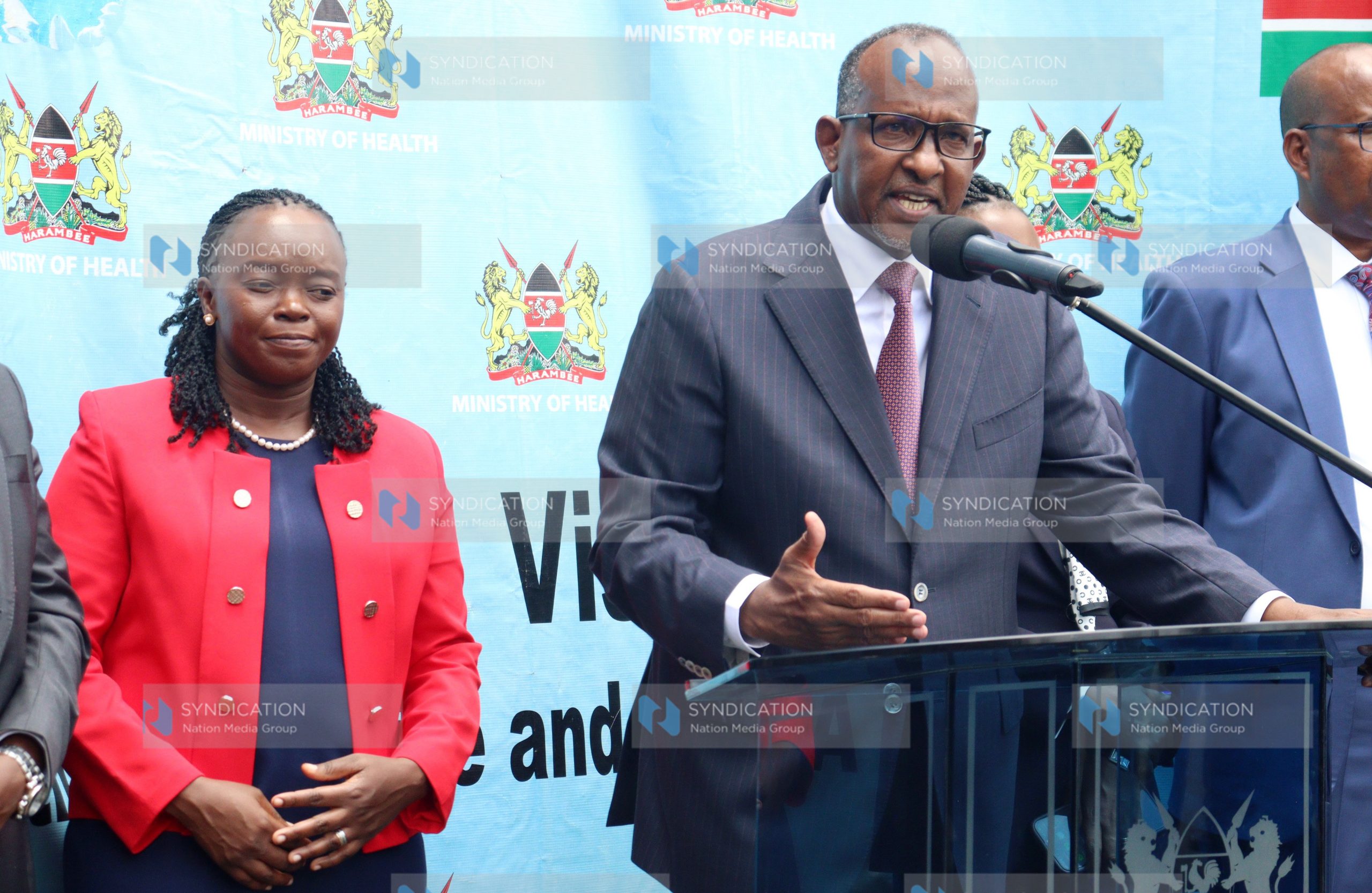 Incoming Cabinet Secretary for Health Aden Duale (right) addresses journalists