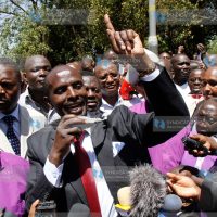 Wilson Sossion (center) address Teachers from Mandera outside CID headquarters