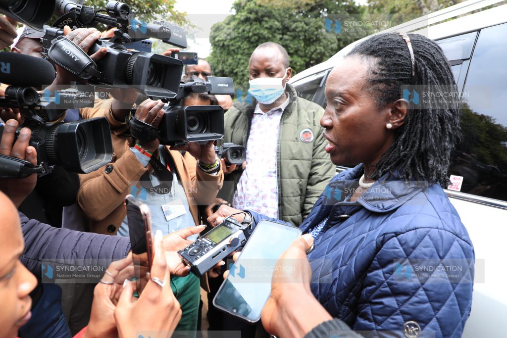 Martha Karua address the media at Bomas of Kenya