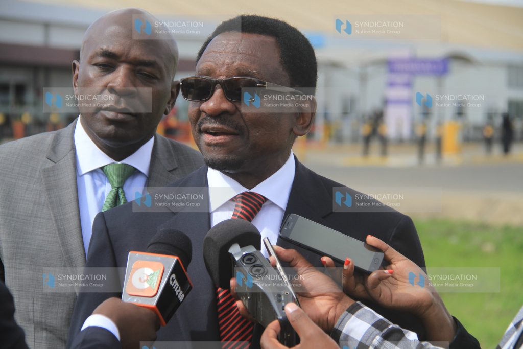 Senator James Orengo and lawyer Cliff Ombeta address journalists