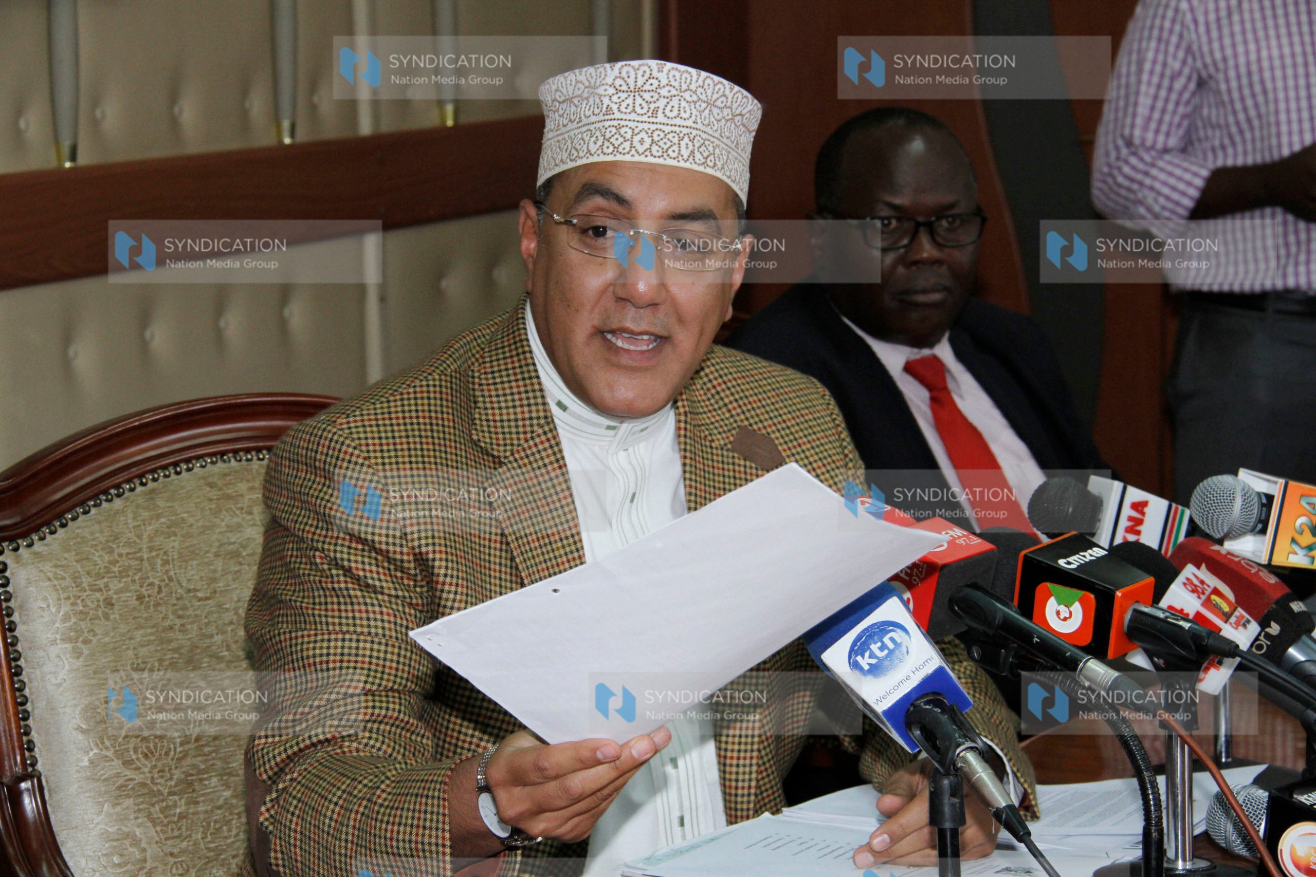 Mining cabinet secretary Najib Balala address the media at his office