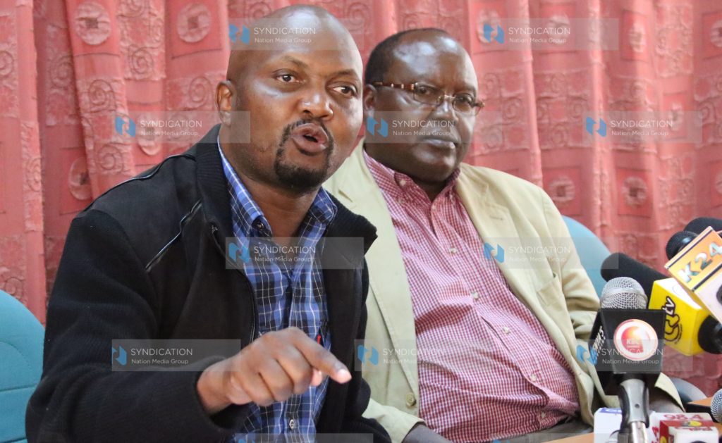 MP Moses Kuria (left) and Mwingi North MP Hon.John Munuve address a press conference