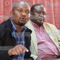 MP Moses Kuria (left) and Mwingi North MP Hon.John Munuve address a press conference