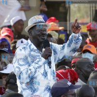 Azimio La Umoja presidential candidate Raila Odinga addresses supporters