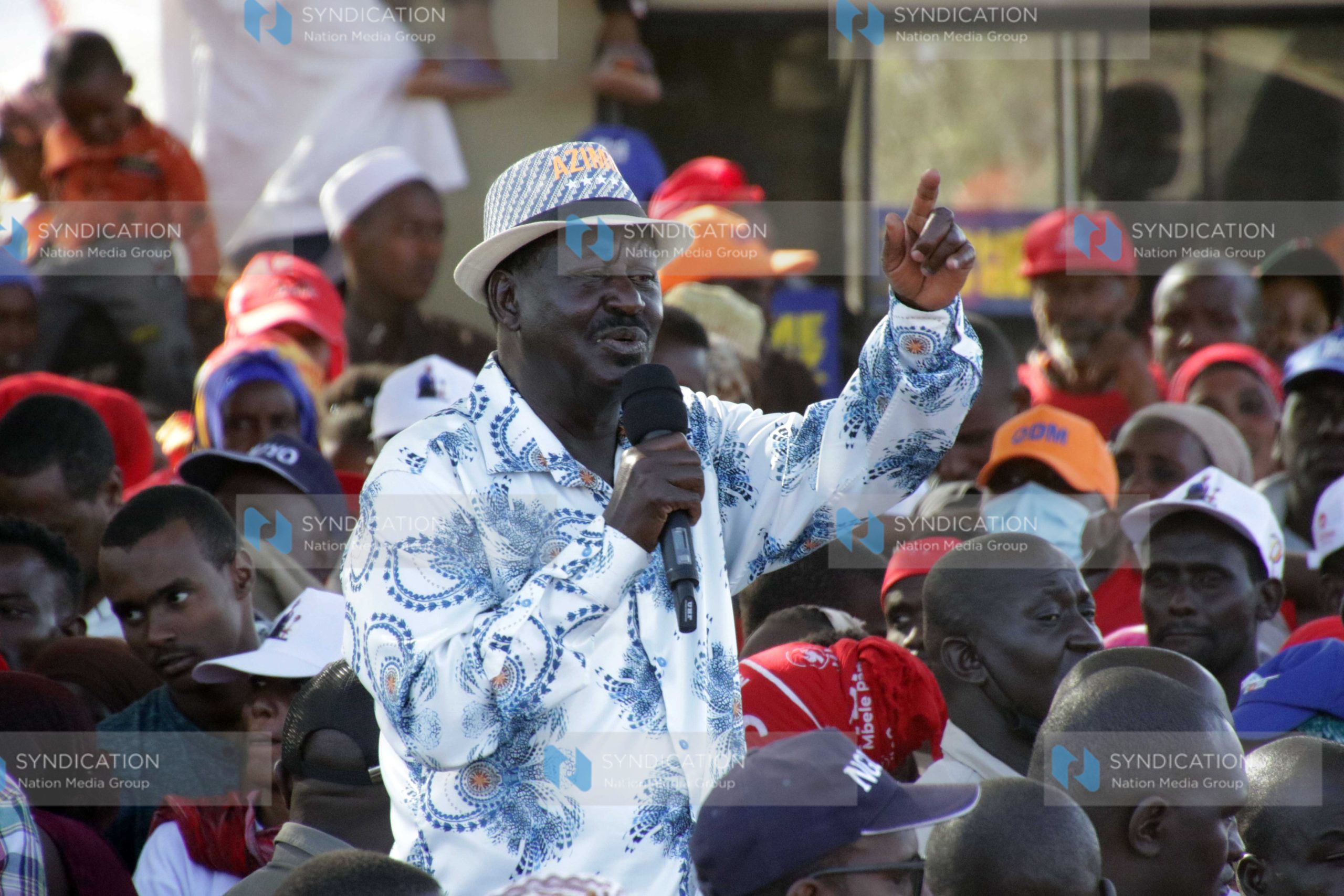 Azimio La Umoja presidential candidate Raila Odinga addresses supporters