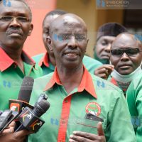Wilson Sossion (Speaking) with other union leaders address journalists