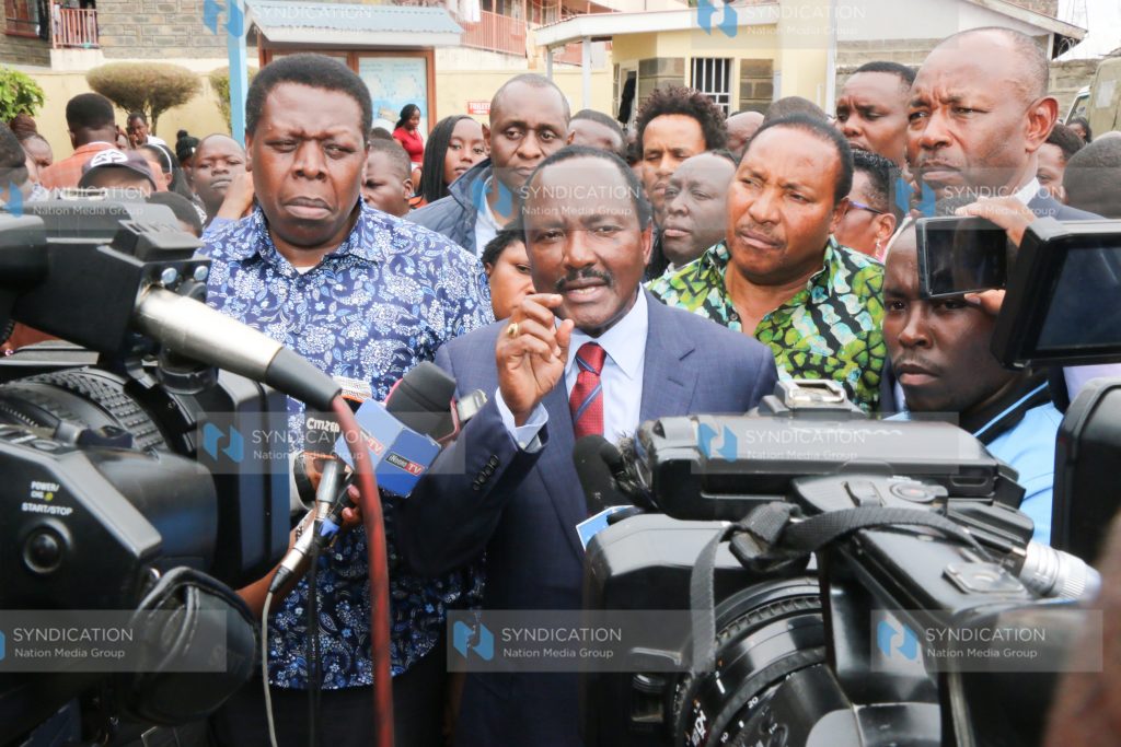 Wiper Leader Kalonzo Musyoka accompanied by DAP party Leader Eugene Wamalwa and former Kiambu Governor Ferdinand Waititu