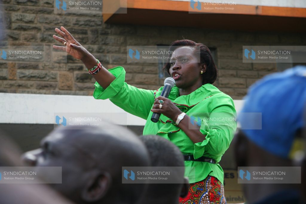 Martha Karua addressing people along Kirinyaga road
