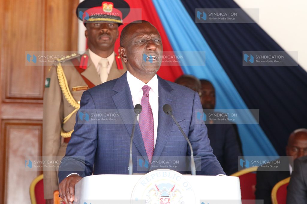 President William Ruto makes his address during the commissioning parade of 309 cadets
