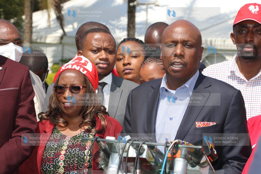 KANU Party Chairman and Baringo Senator Gideon Moi addresses the media