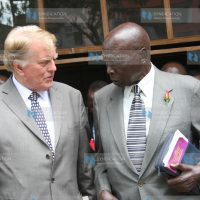 Former President Daniel arap Moi chats with Dr. Tony Sargen